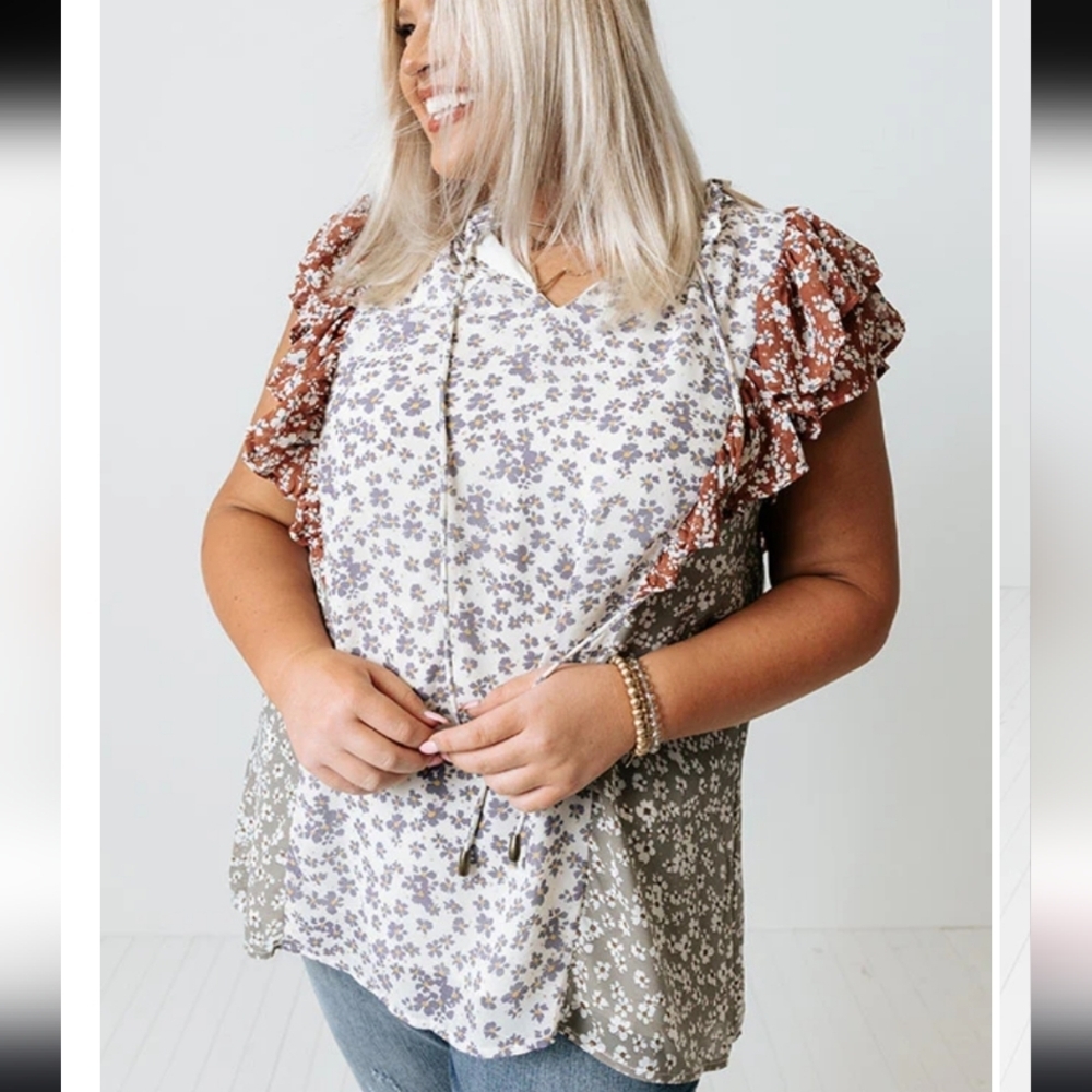 Chic Soul Mixed Floral Ruffle Sleeve Blouse Top Pastels Spring Easter Boho 1X